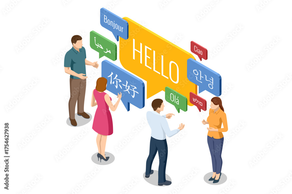 Obraz premium Isometric group of people communicating in multiple languages with speech bubbles. Concept of multilingual communication and global language learning.