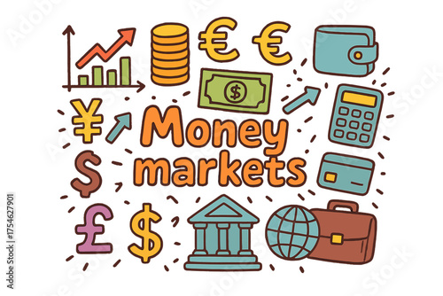 Money Markets Doodle. Money markets. Hand-drawn doodle illustration of Money markets. Chart, coin stack,