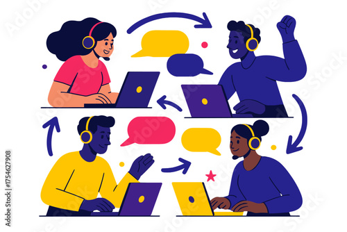 Call Center Collaboration. Call center teamwork. Multiple characters at desks wearing glowing headsets, speech