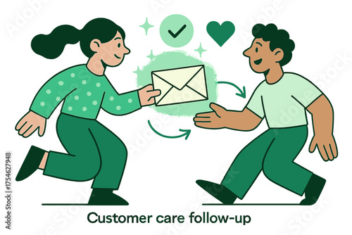 Digital Communication Sparkles. Customer care follow-up. A glowing envelope flying from one character to
