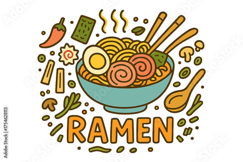 Vibrant Ramen Doodle. Ramen. Hand-drawn doodle illustration of Ramen. Bowl of noodles, chopsticks, boiled egg,