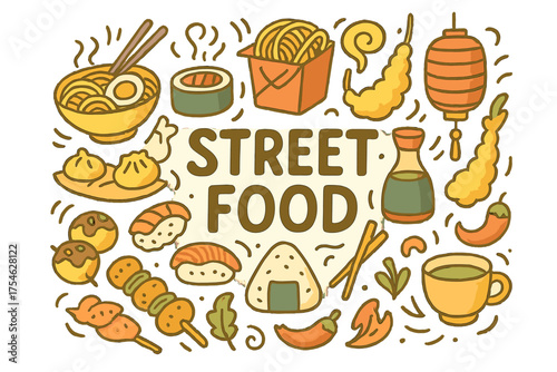 Vibrant Street Food Doodles. Street food. Hand-drawn doodle illustration of Street food. Ramen bowl, takoyaki