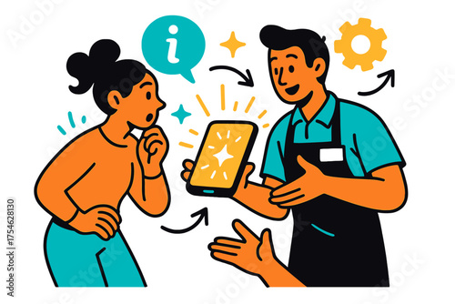 Innovative Product Display. Product demonstration. A worker showing a glowing electronic device to a curious