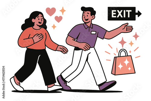 Vibrant Customer Assistance. Customer care. A worker walking a shopper to the exit while carrying their