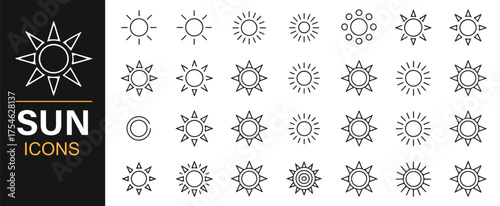 Outline and solid style sun icons for summer, climate, and energy concept illustrations
