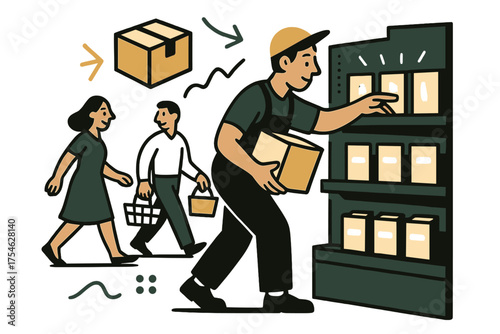 Dynamic Shelf Restocking. Shelf restocking. A worker arranging glowing products neatly while customers shop