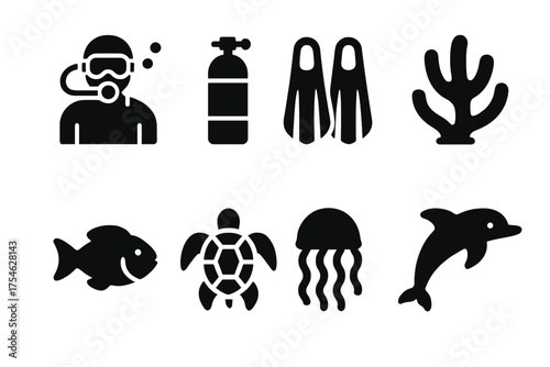 Marine Exploration Icons. Diving expeditions to explore marine biodiversity. Filled icon set of Diving
