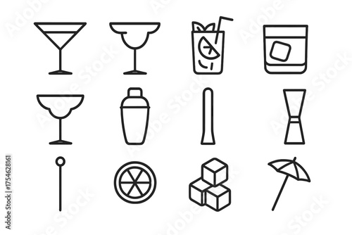 Cocktail Icon Set. Crafted cocktails. Line outline icon set of Crafted cocktails: martini glass, margarita