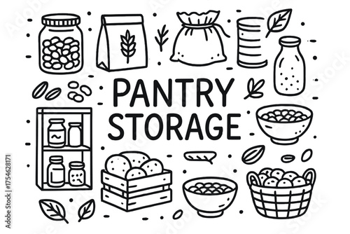 Pantry Storage Doodle. Pantry Storage. Hand-drawn doodle illustration of Pantry Storage. glass jar, paper bag,