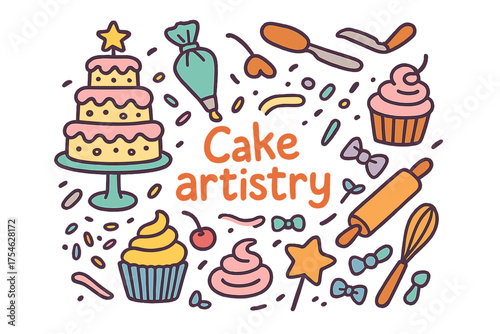 Cake Artistry Doodle. Cake artistry. Hand-drawn doodle illustration of Cake artistry. Tiered cake, piping bag,