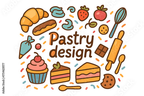 Colorful Pastry Doodle. Pastry design. Hand-drawn doodle illustration of Pastry design. Croissant, éclair,