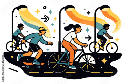 Vibrant Night Motion. Nighttime vibrance. Streetlights glowing in dynamic waves of color along a road,