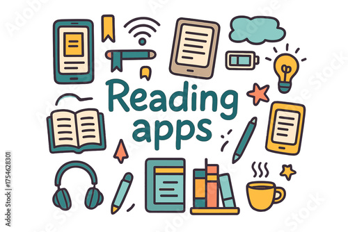 Reading Apps Doodle. Reading apps. Hand-drawn doodle illustration of Reading apps. Smartphone, e-reader, open
