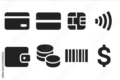 Payment Icons Set. Payment cards. Filled icon set of Payment cards: credit card, debit card, chip, contactless