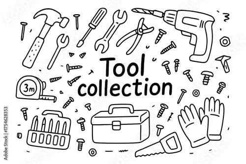 Hand-drawn Tool Collection. Tool collection. Hand-drawn doodle illustration of Tool collection. Hammer,