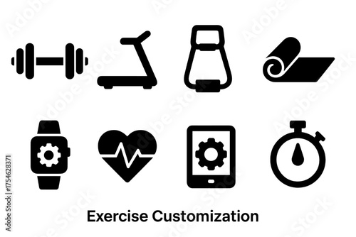 Exercise Icon Set. Exercise Customization. Filled icon set of Exercise Customization: adjustable dumbbell,