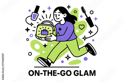 Glam Cosmo Vortex. Cosmetic bag. Character holding glowing cosmetic bag with orbiting nail polish, mascara,
