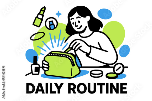 Glowing Cosmetic Bag Unpacked. Cosmetic bag. Character unpacking glowing cosmetic bag on abstract vanity,