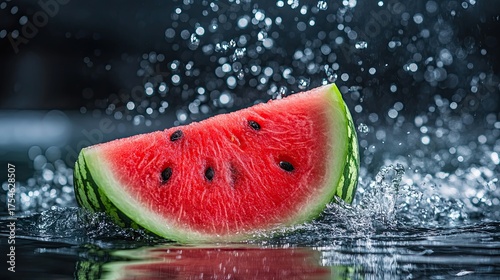 a fresh slice of watermelon falls into the water