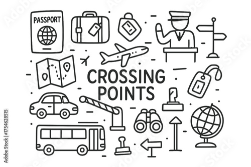 Border Crossing Doodles. Crossing points. Hand-drawn doodle illustration of Crossing points. Passport,
