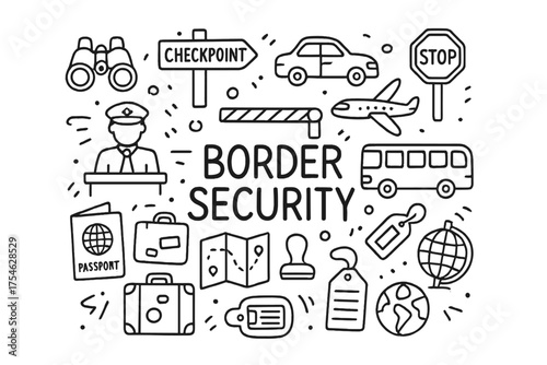 Border Security Doodles. Border security. Hand-drawn doodle illustration of Border security. Customs officer,