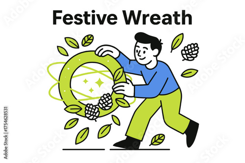 Glowing Festive Wreath. DIY craft ideas for holiday decorations. Character assembling glowing wreath with