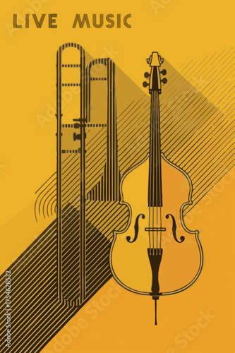 Live music concert poster with trombone and double bass, drawn with lines