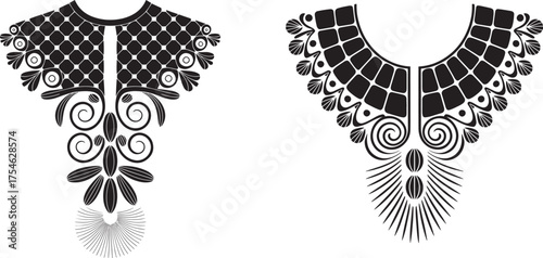 Elegant black and white decorative floral collar necklines design elements isolated on white