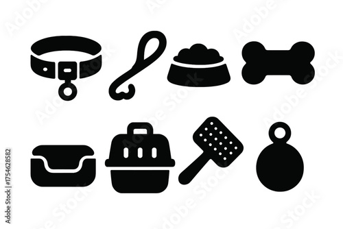 Pet Accessory Icons. Pet Accessories. Filled icon set of Pet Accessories: collar, leash, food bowl, toy, bed,