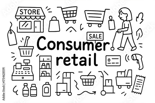 Consumer Retail Icons. Consumer retail. Hand-drawn doodle illustration of Consumer retail. Store building,