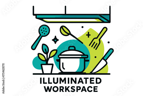 Floating Kitchen Fantasy. Under-cabinet light. Abstract glowing scene of kitchen with orbiting floating