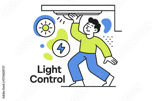 Adjusting LED Glow. Under-cabinet light. Character adjusting glowing under-cabinet LED with floating abstract