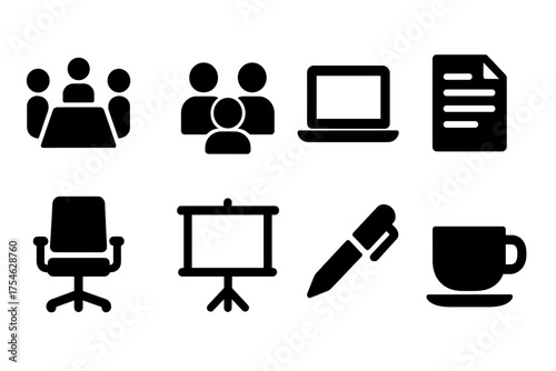 Office Meeting Icons. Office Meetings. Filled icon set of Office Meetings: meeting table, people, laptop,