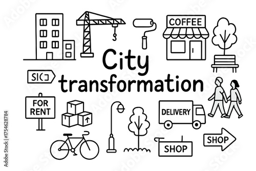 City Transformation Sketch. City transformation. Hand-drawn doodle illustration of City transformation.