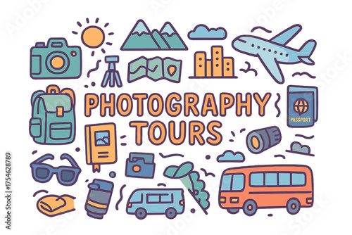 Photography Tour Icons. Photography Tours. Hand-drawn doodle illustration of Photography Tours. camera, tripod