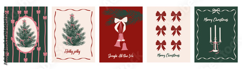 Set of Christmas greeting cards with decorated tree, bows, jingle bell, and candelabra for season celebration. Perfect for modern poster, cover or banner.