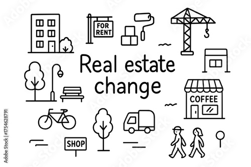 Real Estate Transition. Real estate change. Hand-drawn doodle illustration of Real estate change. Apartment