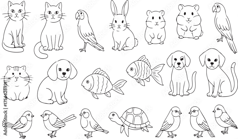 Fototapeta premium Animal Collection Illustrations: A collection of line art illustrations showcases a variety of animals. Each animal is delicately rendered with clear lines, embodying a clean and simple aesthetic.