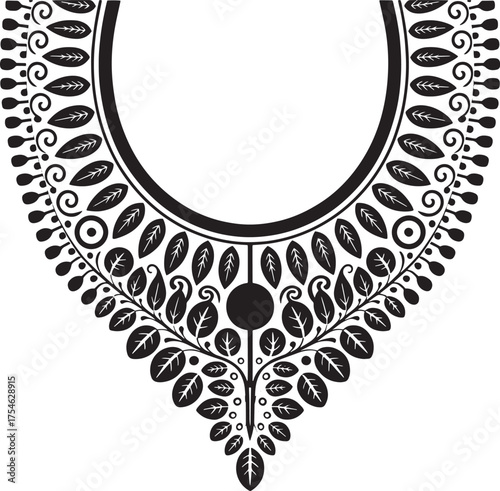Elegant black and white floral ornamental neckline design for fashion and textile concepts