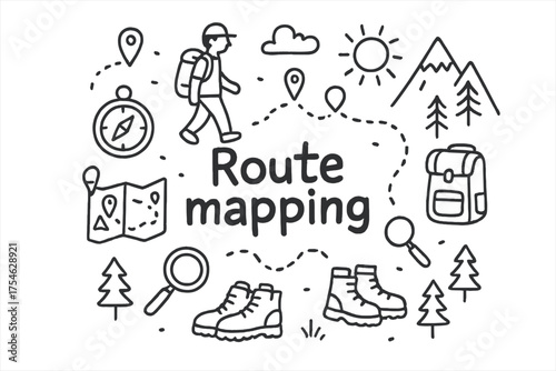 Route Mapping Adventure. Route mapping. Hand-drawn doodle illustration of Route mapping. Map, compass, person,