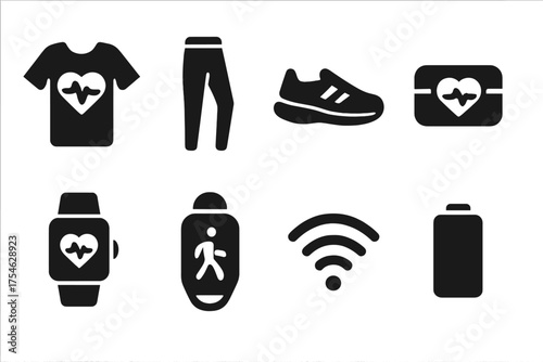 Smart Apparel Icons. Smart Apparel. Filled icon set of Smart Apparel: smart shirt, leggings, running shoes,