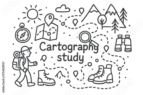 Cartography Adventure Icons. Cartography study. Hand-drawn doodle illustration of Cartography study. Map,