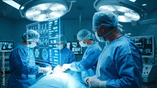 Surgeons Performing Advanced Medical Procedure with Futuristic Holographic Display in Operating Room.
