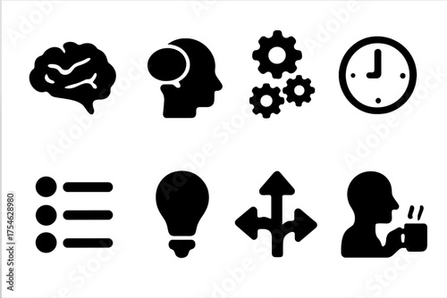 Cognitive Load Icons. Cognitive Load. Filled icon set of Cognitive Load: brain, thought bubbles, gears, clock,