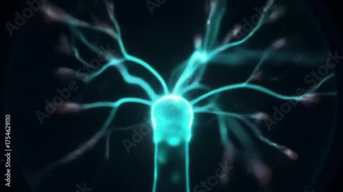 Close-up of a plasma ball with vibrant teal electric discharges and glowing filaments