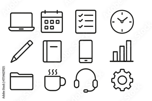 Productivity Tools Icons. Work Productivity Tools. Line outline icon set of Work Productivity Tools: laptop,