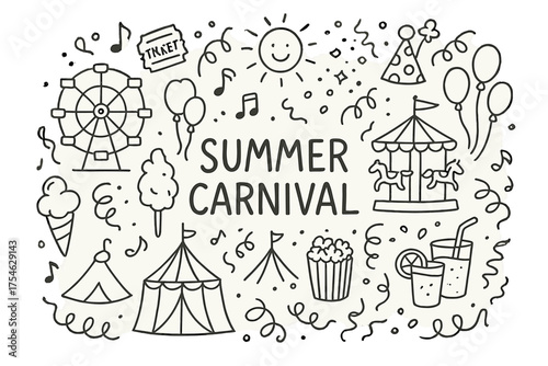 Summer Carnival Doodles. Summer carnival. Hand-drawn doodle illustration of Summer carnival. Ferris wheel,