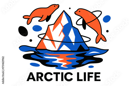 Abstract Iceberg Scene. Icebergs. Abstract glowing iceberg with floating orbiting seals and neon water