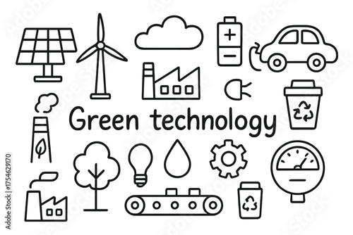 Green Technology Doodles. Green technology. Hand-drawn doodle illustration of Green technology. Solar panel,