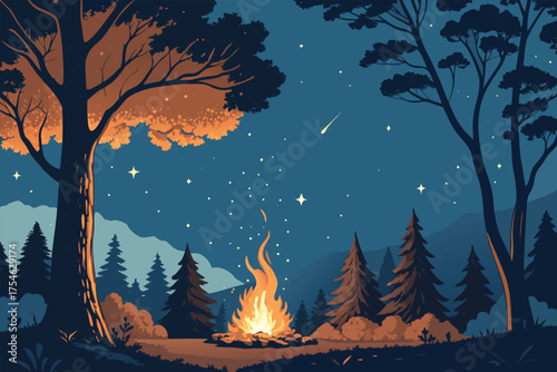 A serene night scene of a campfire in a forest clearing.